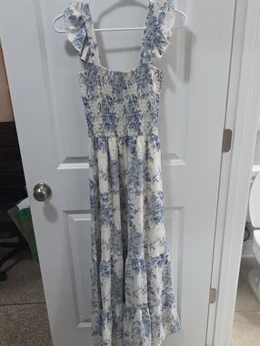Girls White Maxi Dress with Blue Floral Print and Ruffled Straps